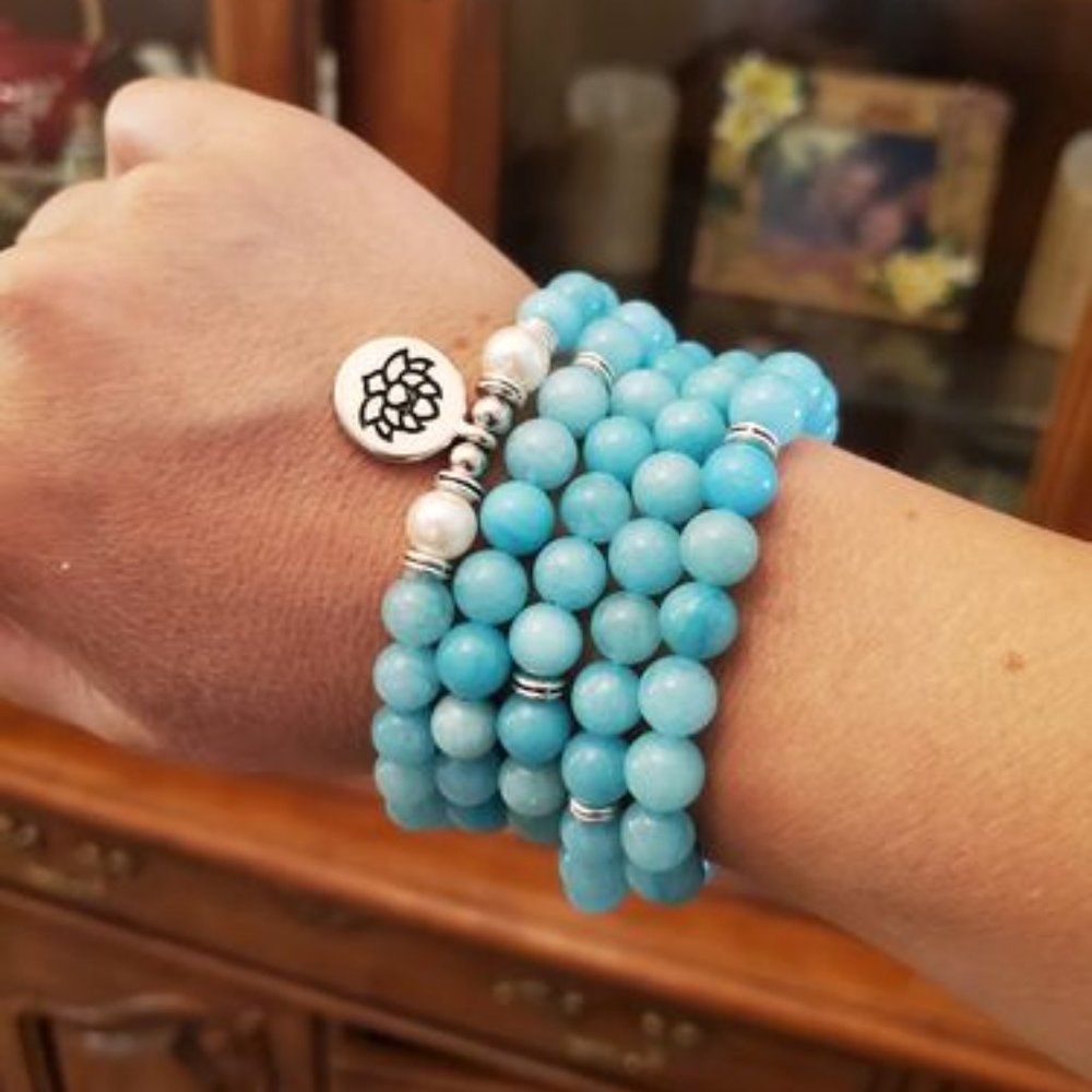 Natural Aquamarine 108 Mala Bead Prayer Multi Strand Healing Meditation Bracelet